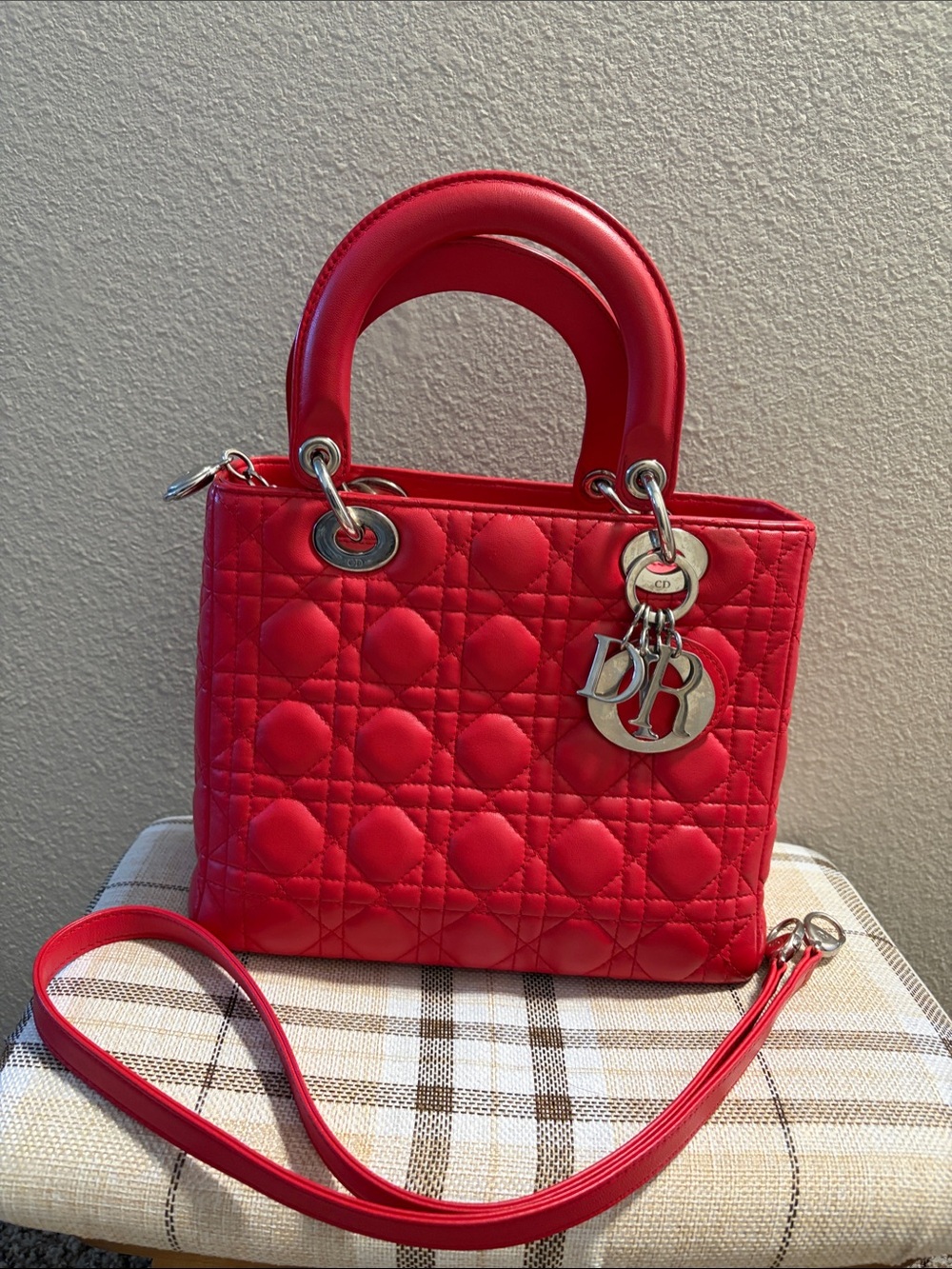 Lady Dior Red-Pink 🔥 Cannage Quilt Lambskin Medium